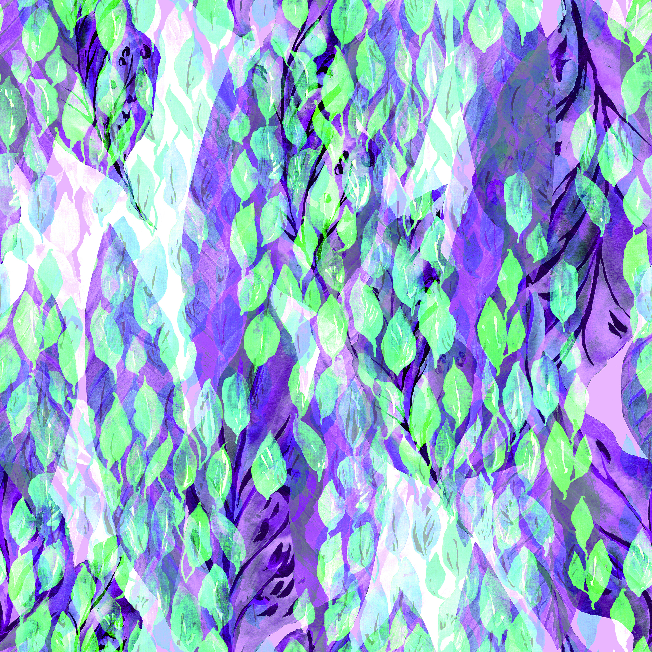 Leaves repeat pattern watercolour painting background. All over foliage painted green leaf small backdrop hand illustration.
