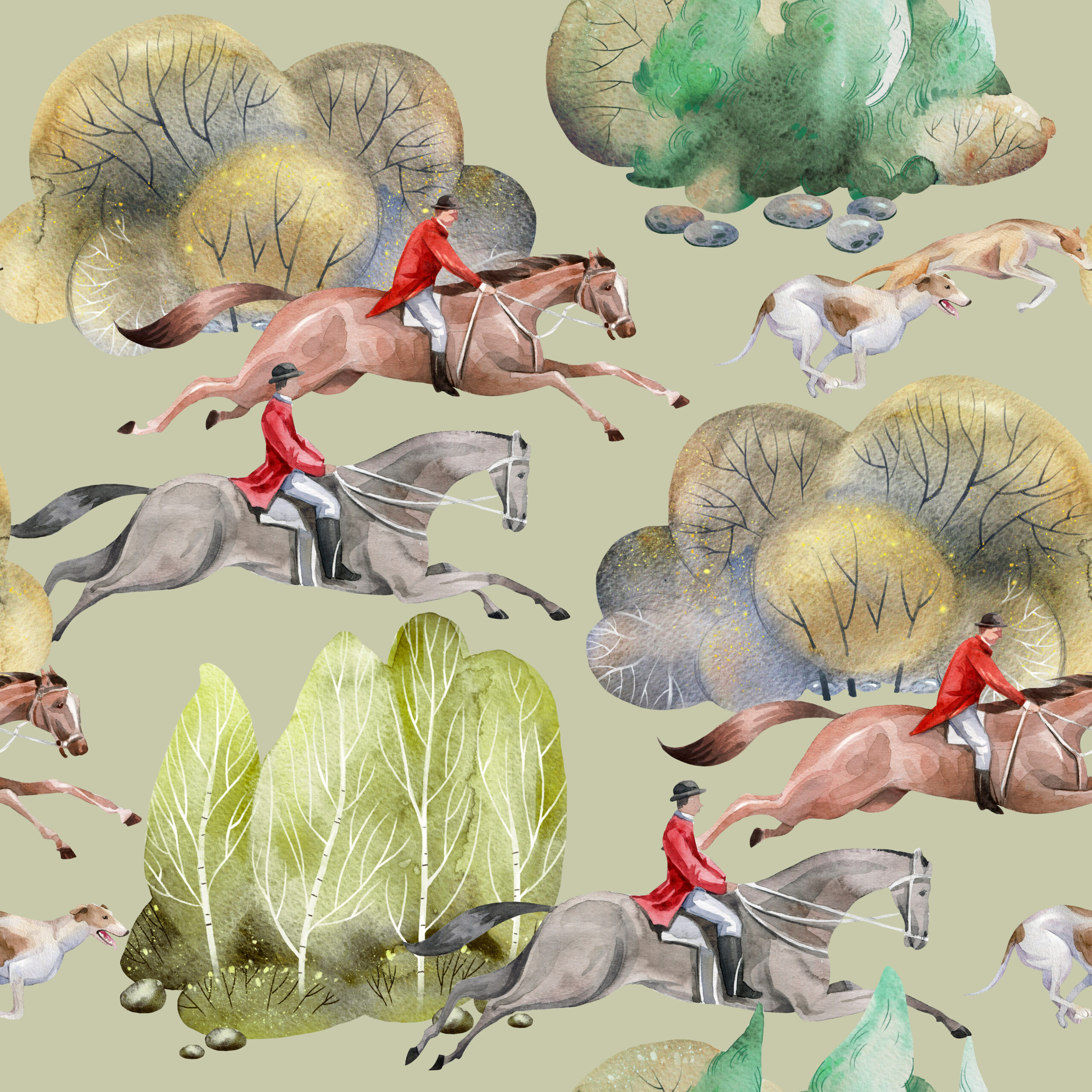 Seamless,Watercolor,Pattern.,English,Hunting.,Gentle,Green,Tones.,Hand,Drawn
